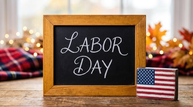 Chalkboard sign with labor day text written in white chalk resting on rustic wooden table.