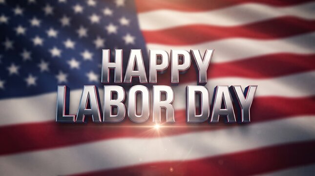 Shiny metallic happy labor day text floating over blurred american flag waving background.