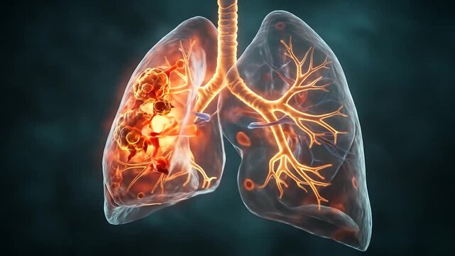 Dynamic visualization of human lungs highlighting respiratory system with nerve and blood flow details