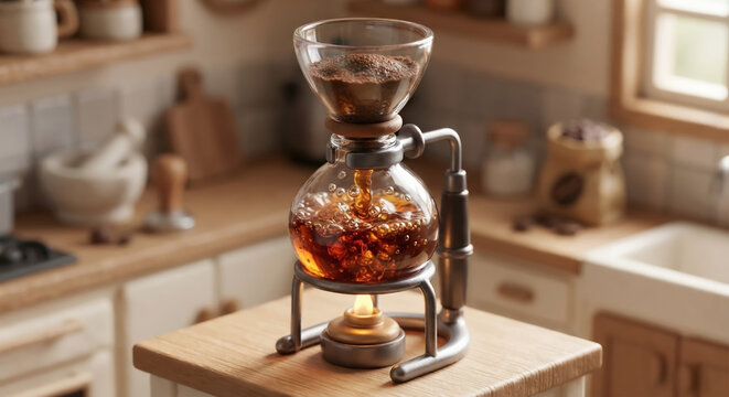 Miniature-style kitchen counter is brewing coffee with a siphon coffee maker.