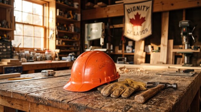 Rustic carpentry workshop interior featuring orange hard hat and hammer on heavy wood table.