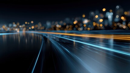 Fototapeta premium Futuristic cityscape at night with glowing blue and orange light trails creating dynamic streaks over reflective surface and blurred skyline in the background