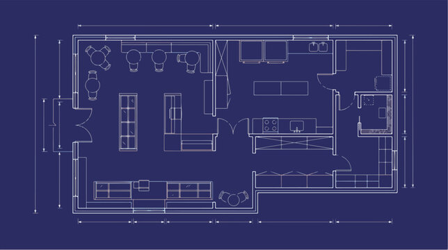 Detailed architectural floor plan illustration showing a commercial cafe space layout with precise measurements on a dark blue background texture