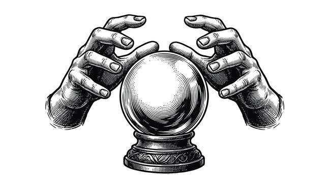 Detailed black and white vector illustration of mystical hands hovering over a glowing crystal ball
