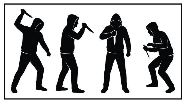 Detailed vector illustration featuring silhouette figures of hooded criminals holding sharp knives in aggressive poses