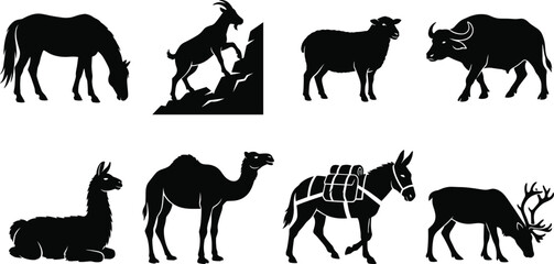 Fototapeta premium Collection of diverse farm and wild animal silhouettes featuring horse, goat, sheep, buffalo, camel, and deer