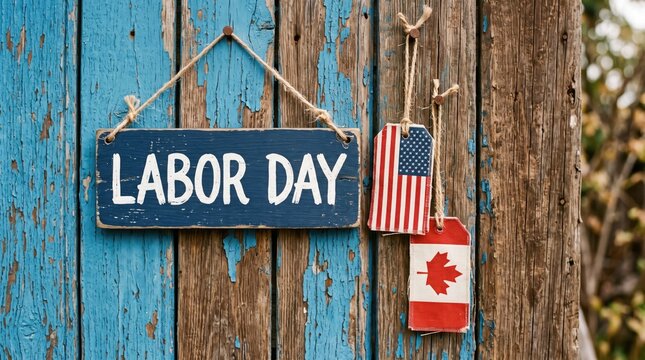 Blue painted wooden fence with hanging labor day sign and national flag tags for decoration.