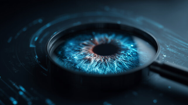 A magnifying glass enlarges a human iris on a technological interface, representing biometric authentication, identity verification, secure access and advanced surveillance.
