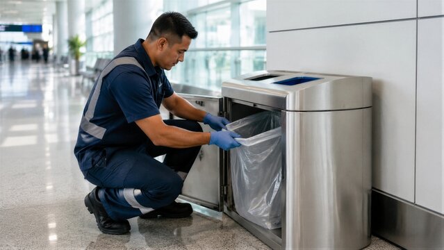 Maintenance worker changing trash liner in public terminal