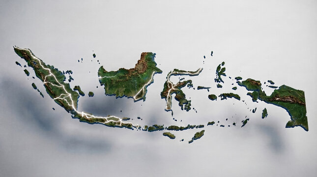 Detailed 3D Topographic Map of Indonesia Islands with Transportation Routes and Terrain Relief