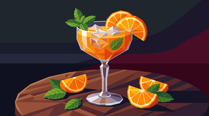 Colorful mixed berry juice served in elegant stemmed glass, decorated with blueberries, strawberries, mint, ice cubes, refined serving table, realistic vector illustration. © saeideh