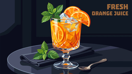 Colorful mixed berry juice served in elegant stemmed glass, decorated with blueberries, strawberries, mint, ice cubes, refined serving table, realistic vector illustration. © saeideh
