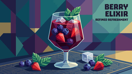 Colorful mixed berry juice served in elegant stemmed glass, decorated with blueberries, strawberries, mint, ice cubes, refined serving table, realistic vector illustration. © saeideh