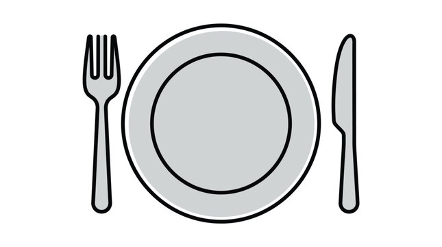 Simple vector illustration of a grey dining plate with a silver fork and sharp knife