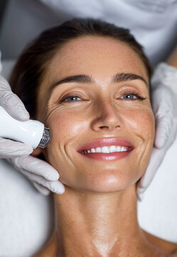 Beautiful smiling woman receiving a professional hardware facial skin tightening lifting massage. Cosmetology clinic procedure with a therapist hand using a microcurrent therapy tool