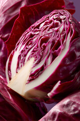 Obraz premium Close up of a fresh red chicory radicchio head cut in half, showcasing vibrant purple leaves with white veins, concept for healthy organic food, agriculture and salad texture