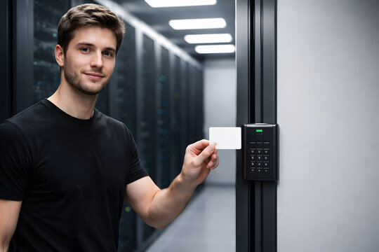 Man uses an access card at a secure server room entry system, demonstrating controlled physical access to critical infrastructure.