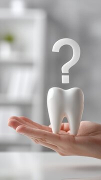 Hand holding a large white tooth model with a floating question mark above it symbolizing dental care doubts and oral health concerns in a modern clinic setting