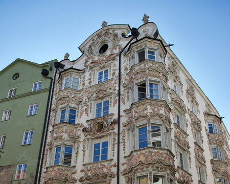 Close up view of exquisite rococo plasterwork facade on Helblinghaus in Innsbruck Austria