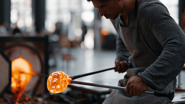 Glassblower gathering molten gather on an iron blowpipe, cheeks puffed, rotating the glowing mass beside a glowing furnace mouth in a studio workshop, artisan glass production,