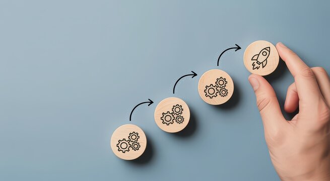 Hand placing a wooden block with a rocket icon