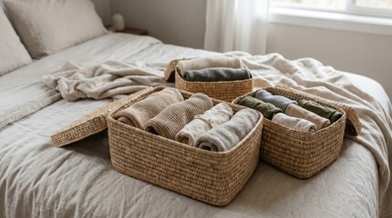 Obraz premium Folded knitwear and clothing organized in woven baskets on a bed
