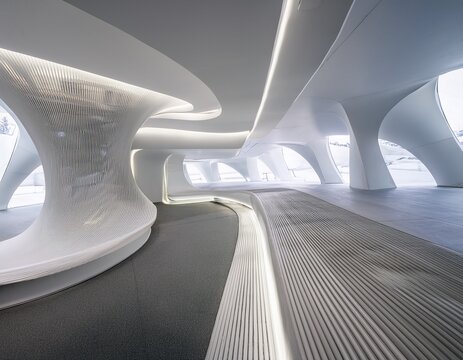 modern architectural interior with flowing white walls and soft ambient led lighting creating a futuristic atmosphere