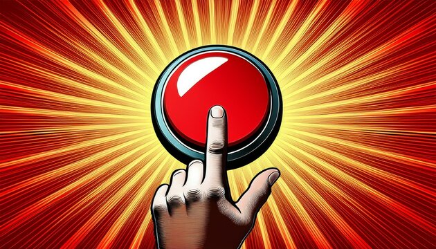 hand pressing a large red button with a comic book style click speech bubble in a sunburst background symbolizing action or decision