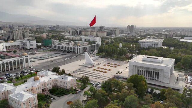 Bishek, Kyrgyzstan -October,17,2025: kyrgyzstan national flag waving at Freedom Square