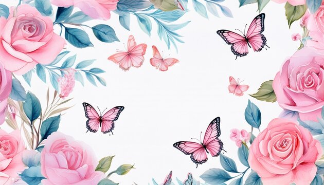 delicate watercolor floral pattern with pink roses and butterflies on white background