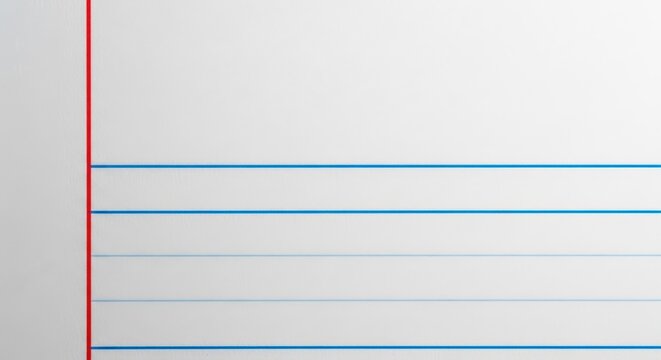 A high-resolution macro shot of a clean white notebook page featuring crisp horizontal blue lines and a distinct red vertical margin line, margins, academic, material