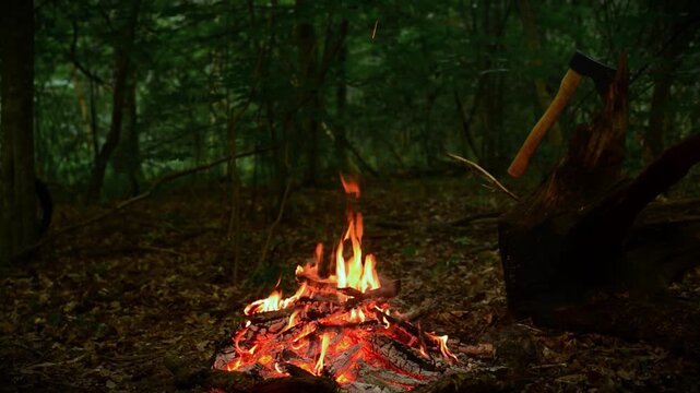 Seamless loop of cozy campfire burning in twilight forest with survival axe stuck in old tree stump. Relaxing ambient video with real crackling fire sound and peaceful birds singing.