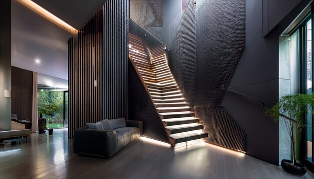 modern interior with a dramatic illuminated staircase and geometric patterns