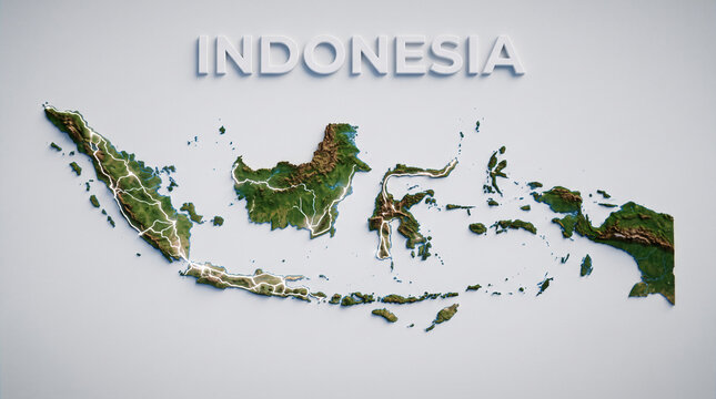Detailed 3D Topographic Map of Indonesia Islands with Transportation Routes and Terrain Relief