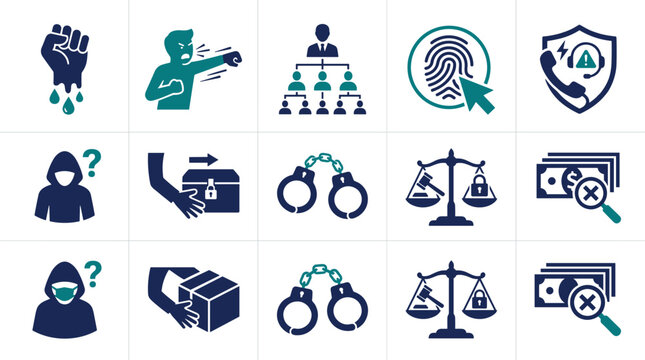 Collection of crime and justice icons depicting fraudulent activities security threats and legal processes.