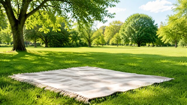 Blanket arranged on green grass under large shade trees in public park area
