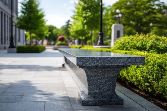 Modern granite bench on a sunlit urban sidewalk surrounded by green foliage and cityscape elements on a clear summer day