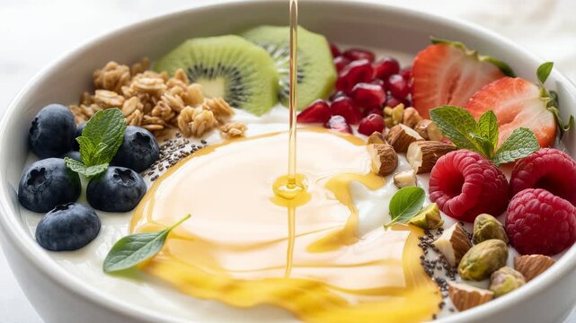 Macro slow motion footage of sweet golden honey drizzling from a wooden dipper onto a healthy breakfast yogurt bowl topped with fresh berries