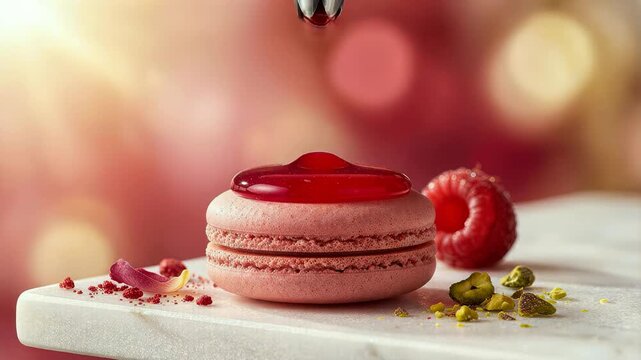 Piping vibrant red raspberry glaze syrup onto a delicate pink macaron French macaron on a white marble table in a luxury bakery studio interior