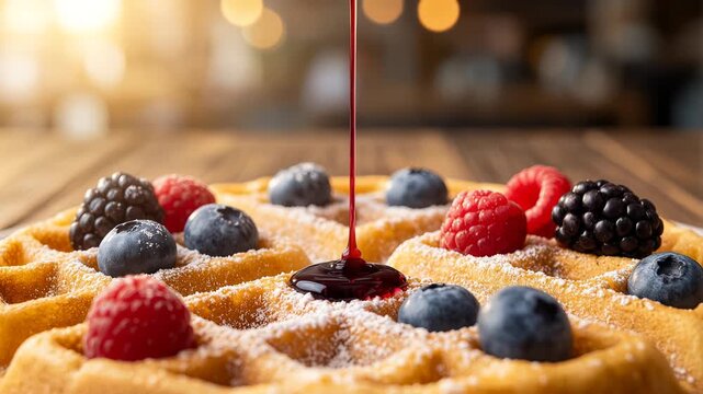 Slow motion video of drizzling sweet dark red berry syrup from a spoon over warm fluffy waffles topped with mixed fresh berries and powdered sugar