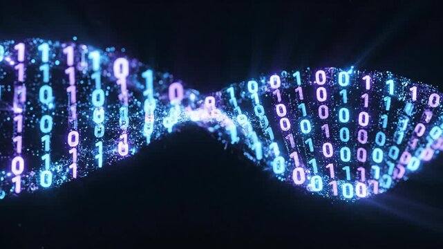 Glowing Digital Binary Plexus DNA Molecule Helix Constructed of Luminous Blue and Purple Digits for Futuristic Biotechnology Science