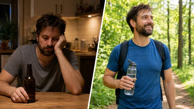 Tired man with beer and refreshed forest walk with water