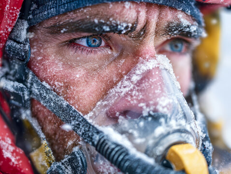 Intense close-up of a mountaineer?s face covered in frost and snow using oxygen mask while braving extreme cold conditions outdoors