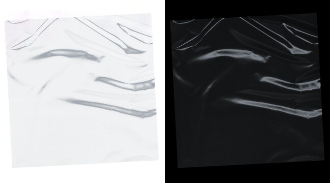 Transparent plastic wrap texture, wrinkled cellophane overlay on white and black background, crumpled polyethylene film for product packaging mockup