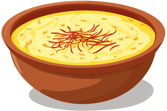 Illustration of a traditional dish in a brown bowl with saffron