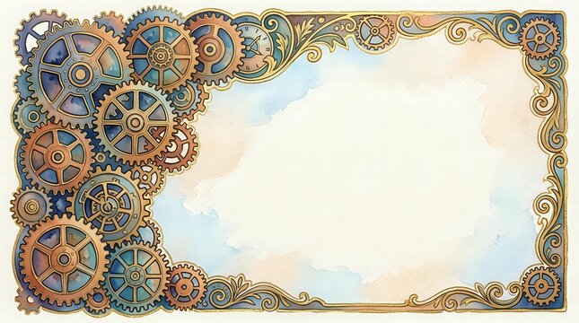 Steampunk gears and ornate decorative border frame with blank center space for text or design elements.