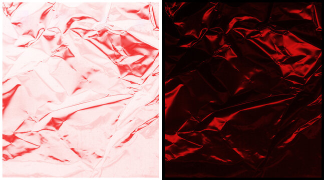 Metallic red foil texture background, crumpled shiny plastic wrap surface, abstract creased foil paper with light and dark contrast for luxury packaging