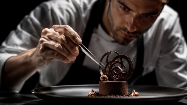 Chef delicately decorating chocolate dessert on black plate