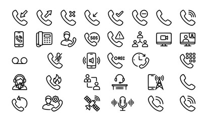 Fototapeta premium Phone Call Outline Icons Set with Editable Stroke Communication Contact and Telecommunication Vector Collection