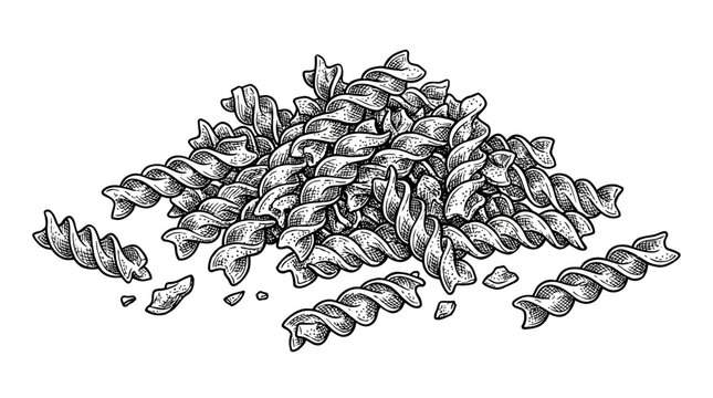 Artistic handdrawn vector illustration of spiral fusilli pasta featuring a detailed pencil sketch style for authentic Italian culinary design and traditional Mediterranean cuisine branding.